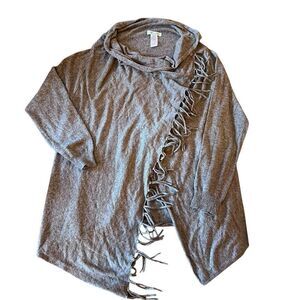 She + Sky Cowl Neck Fringe Cotton Blend Long Sleeve Poncho Sweater Gray Large